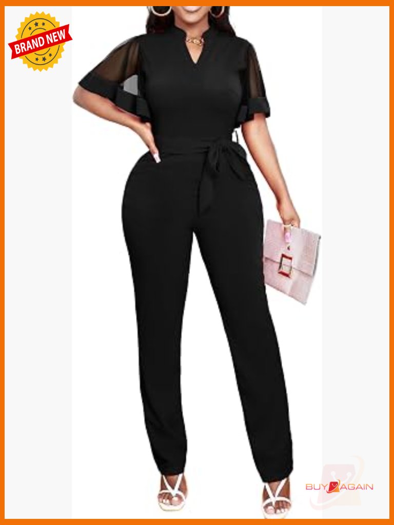 Womens V Neck Short Sleeve Mesh Ruffle Romper Jumpsuit One Piece Outfit